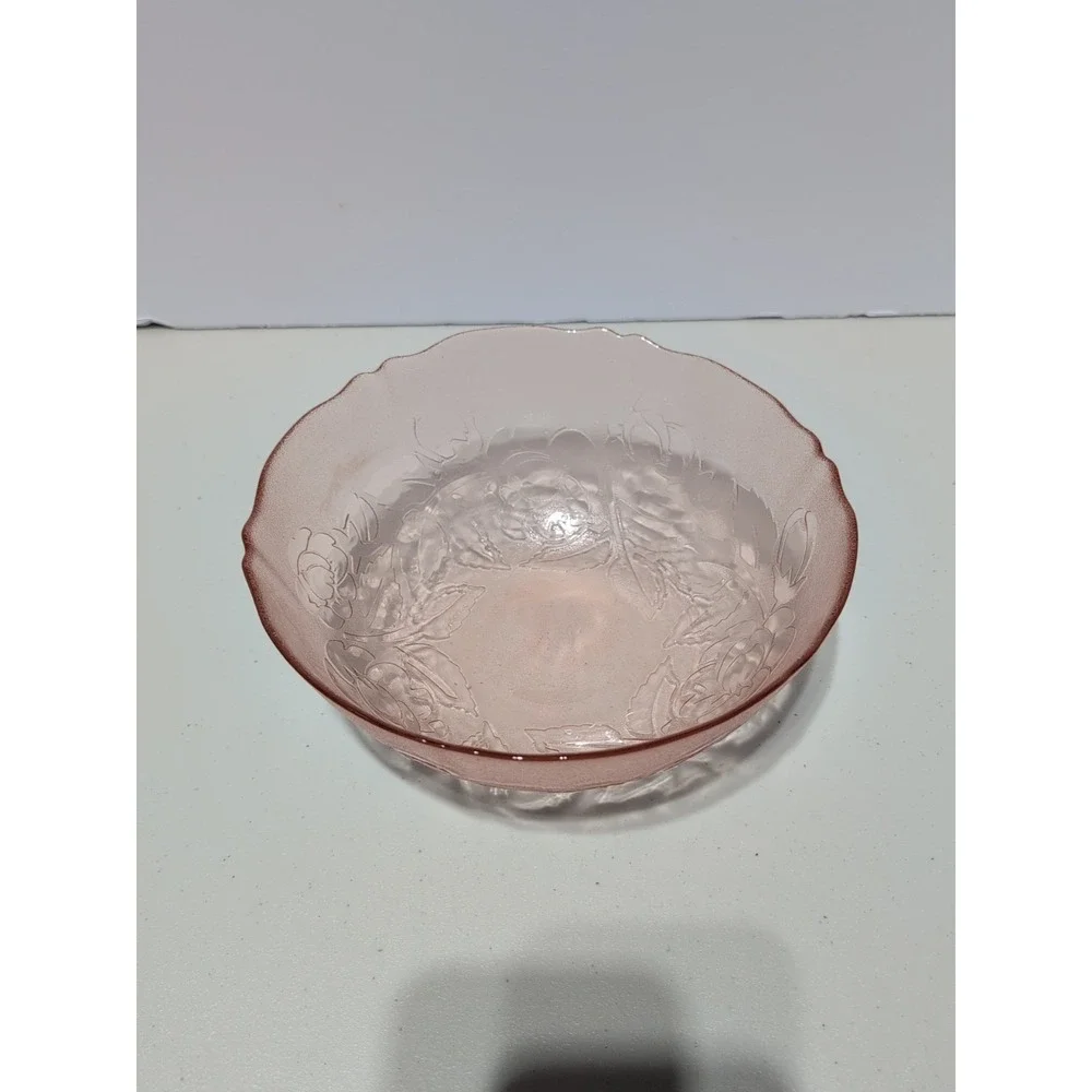Vintage Pink Arcoroc Rosaline Rose Frosted Bowl Floral Design Luminarc France